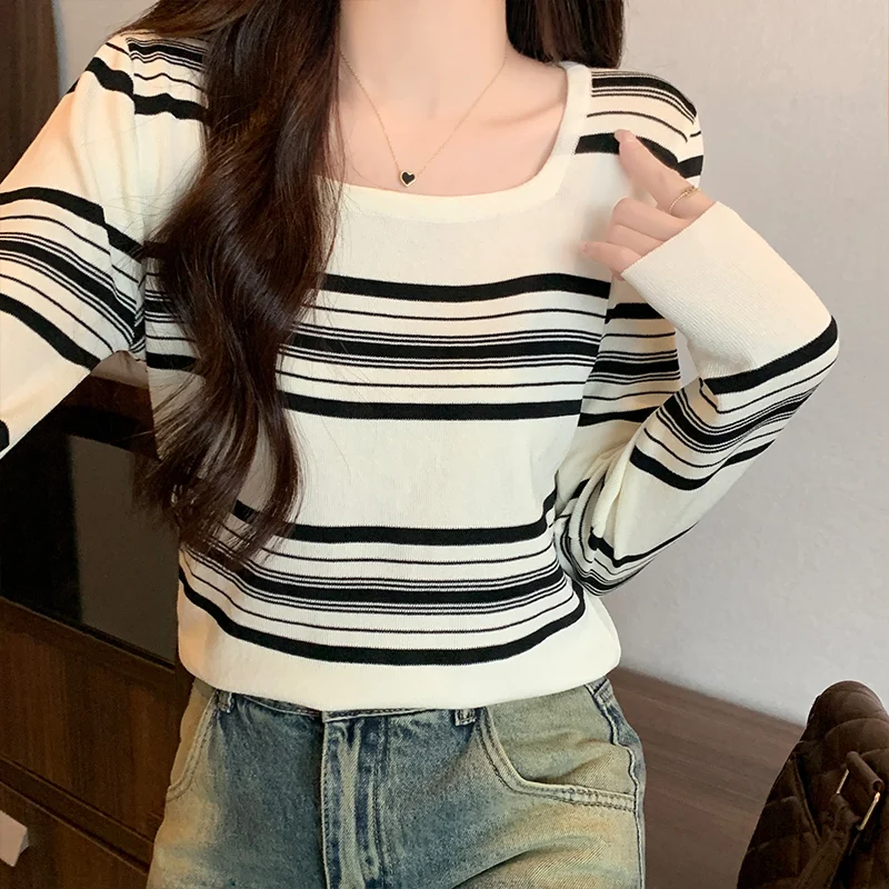 

Autumn Square Neck Block Color Striped Knitting Shirts with Long Sleeves T-shirt Women's Knitting Pullovers Female Tops and Tees