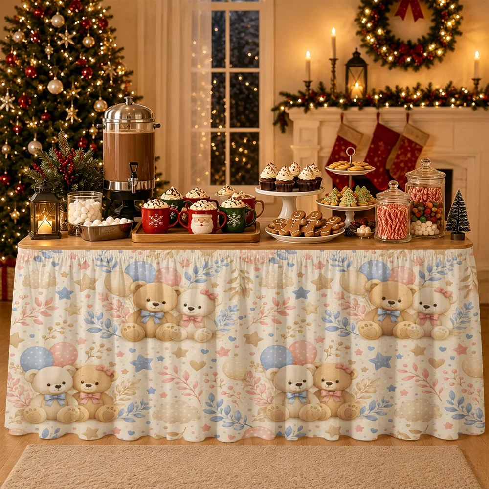 Gender revealing teddy neutral asymmetrical clustered wrapped table skirt, gender revealing party decoration