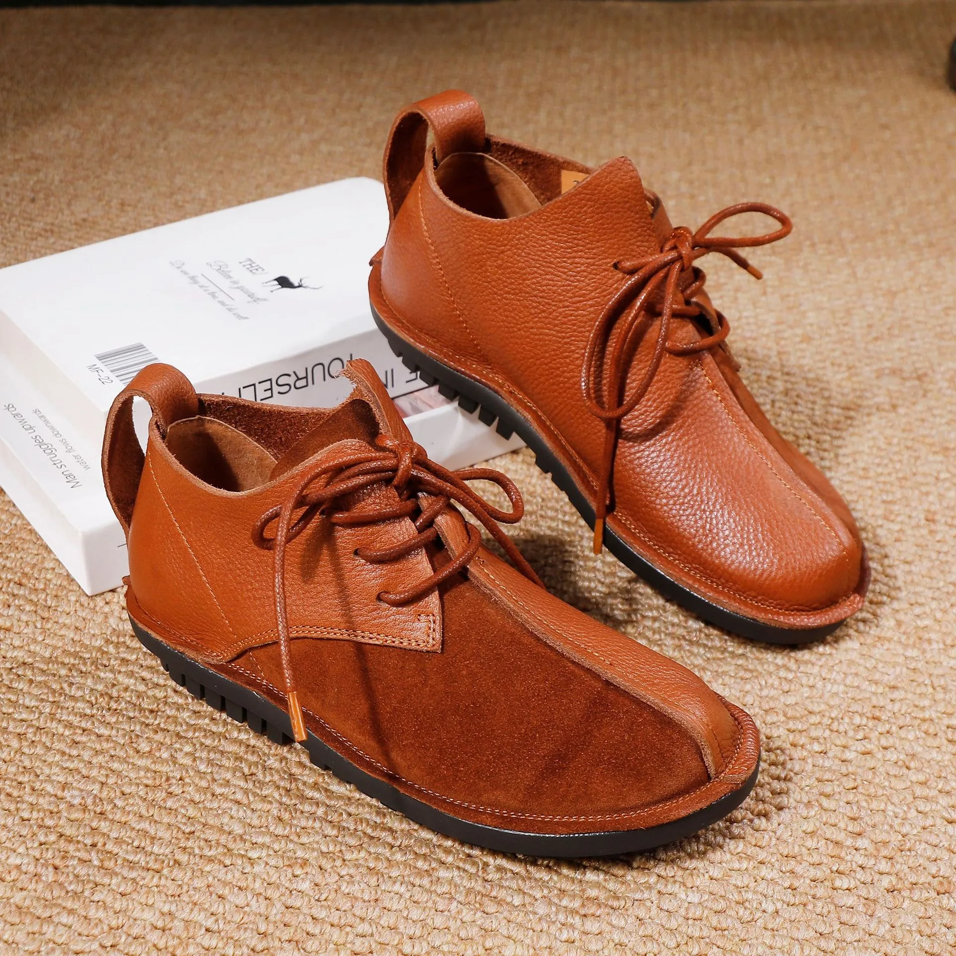 

Birkuir Retro Mixed Colors Women Ankle Boots Lace Up Spring Autumn Handmade Shoes Flat Heel Soft Soles Round Toe Short Boots