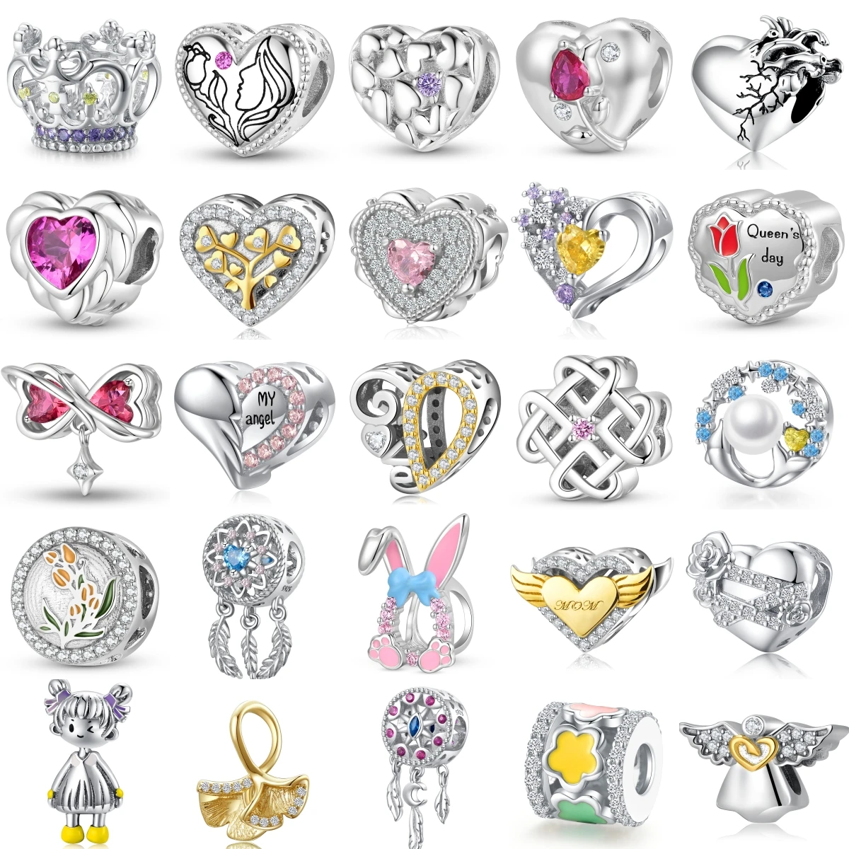 

925 Sterling Silver Little Girl Love Flower Angel Feather Crown Zircon Charm Fit Beads Charm Bracelets & Bangles Diy Jewelry