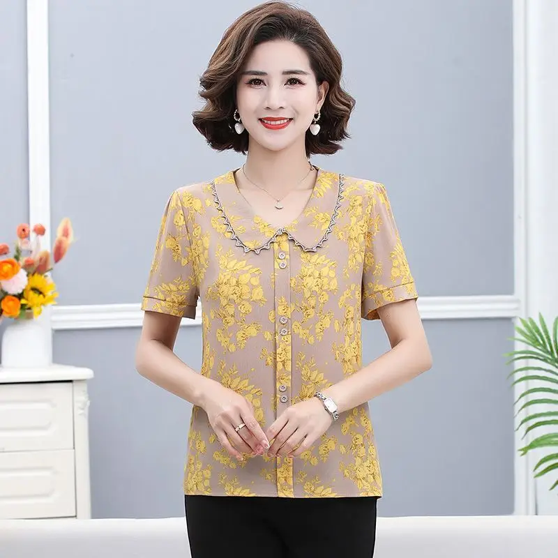 

Fashionable Printed Belly Cover Suit Chiffon Shirt for Women Doll Collar Mother Pullover