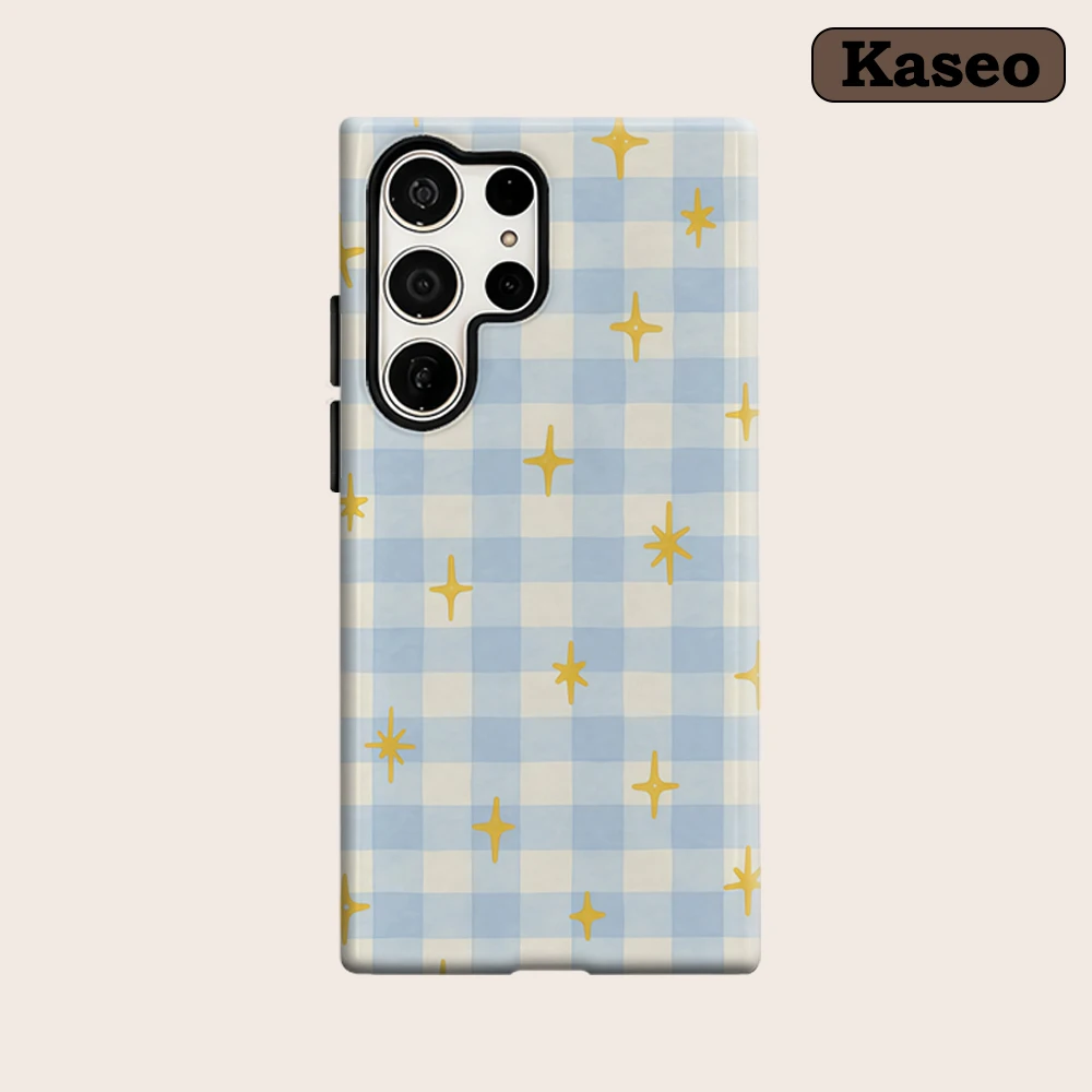 Kaseo Phone Case for Samsung Galaxy S26 S25 Ultra S24 S23 Ultra Plus Shockproof Double Layer Blue and White Grid Stars Cover