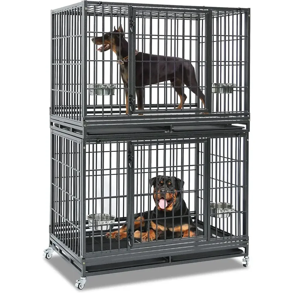 48 Inch Durable Stackable Dog Crate with Trays, Metal Grids, Wheels, Bowls, and Double Doors for Large Dogs