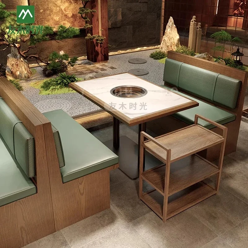 Modern Custom Leather Booth Sofa Seat for Hot Pot Barbecue & Restaurant New Marble Dining Table Wood Furniture