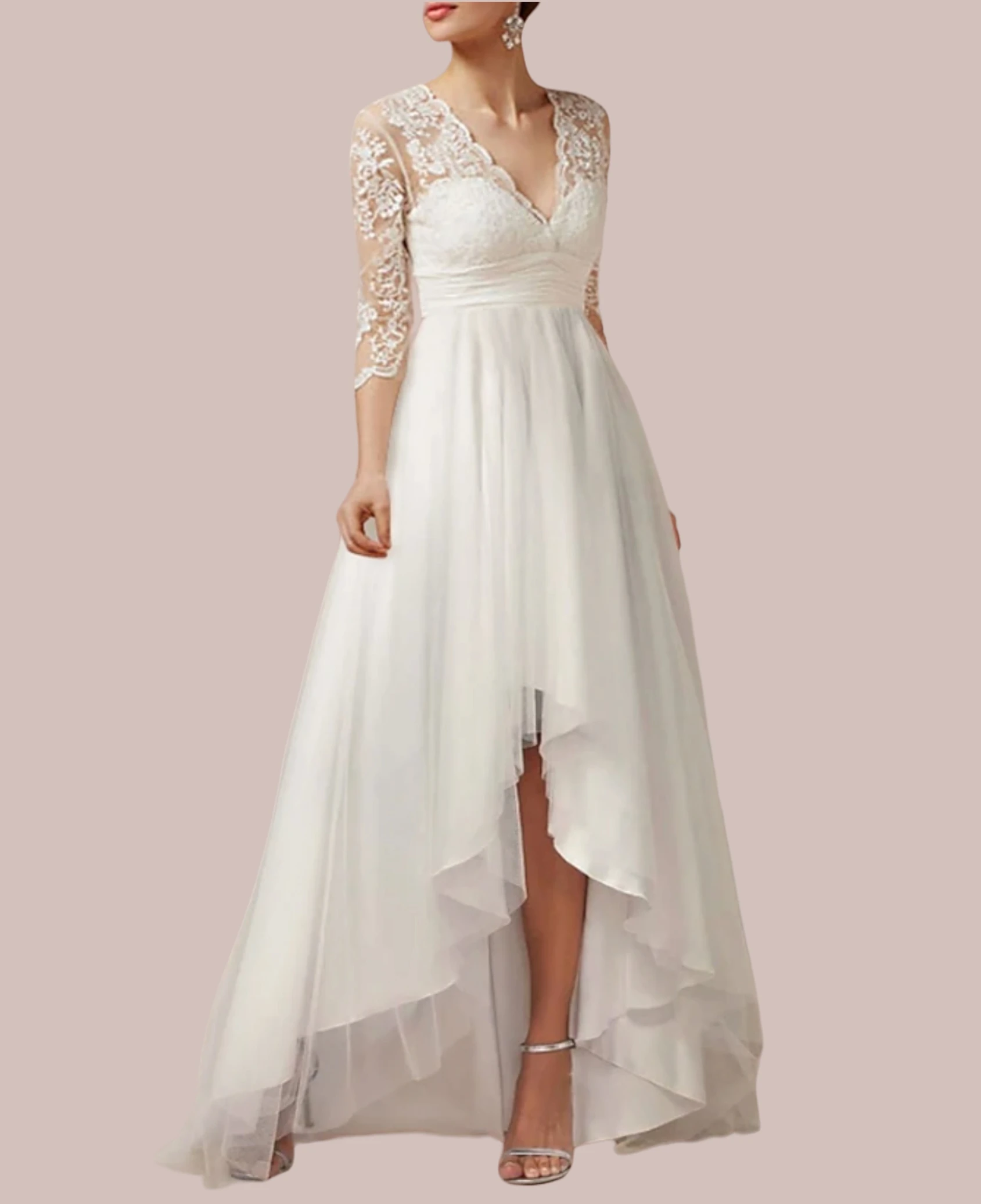 

Wedding Dresses Sheath / Column V Neck 3/4 Length Sleeve Asymmetrical Chiffon Bridal Gowns With Pleats Ruched 2024