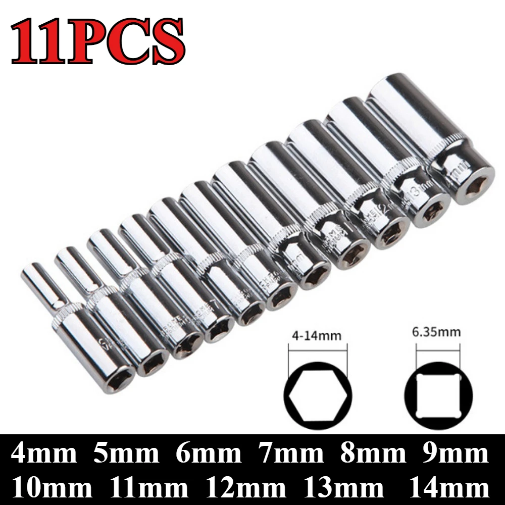Tiefer Steckschlüsselsatz mit 1/4-Zoll-Antrieb, 6-Punkt-Steckschlüsselsatz mit metrischem langem Chrom, von 4 mm bis 14 mm, professionelle Qualität – Detail 1