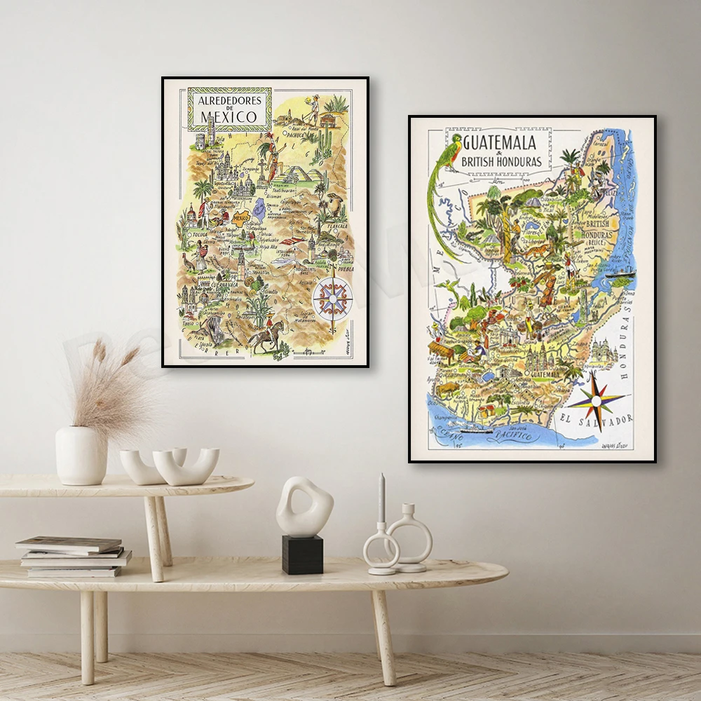 Costa Rica Panama, Mexico - Central America, South Mexico, North Mexico, Honduras Nicaragua, Guatemala vintage map poster