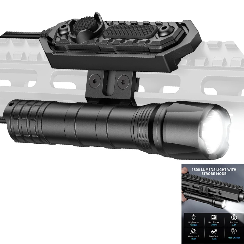

EZshoot 1800 Lumens Tactical Flashlight Rifle LED Light with Remote Pressure Switch Rechargeable Compatible with M-Rail Aluminum