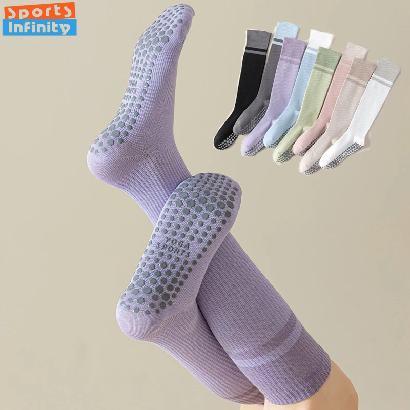 

Длинные носки для йоги с цветными блоками, женские профессиональные носки для пилатеса, противоскользящие спортивные носки для фитнеса, женские компрессионные чулки
