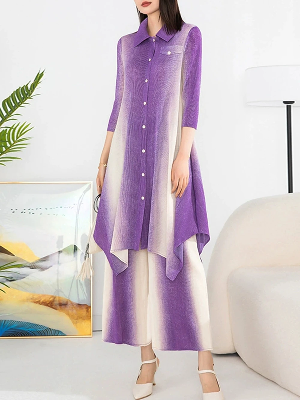 

Plus size women's slim suit pleated casual pants middle-aged female mother two-piece suit fashionable 2025 new style-GZXX995