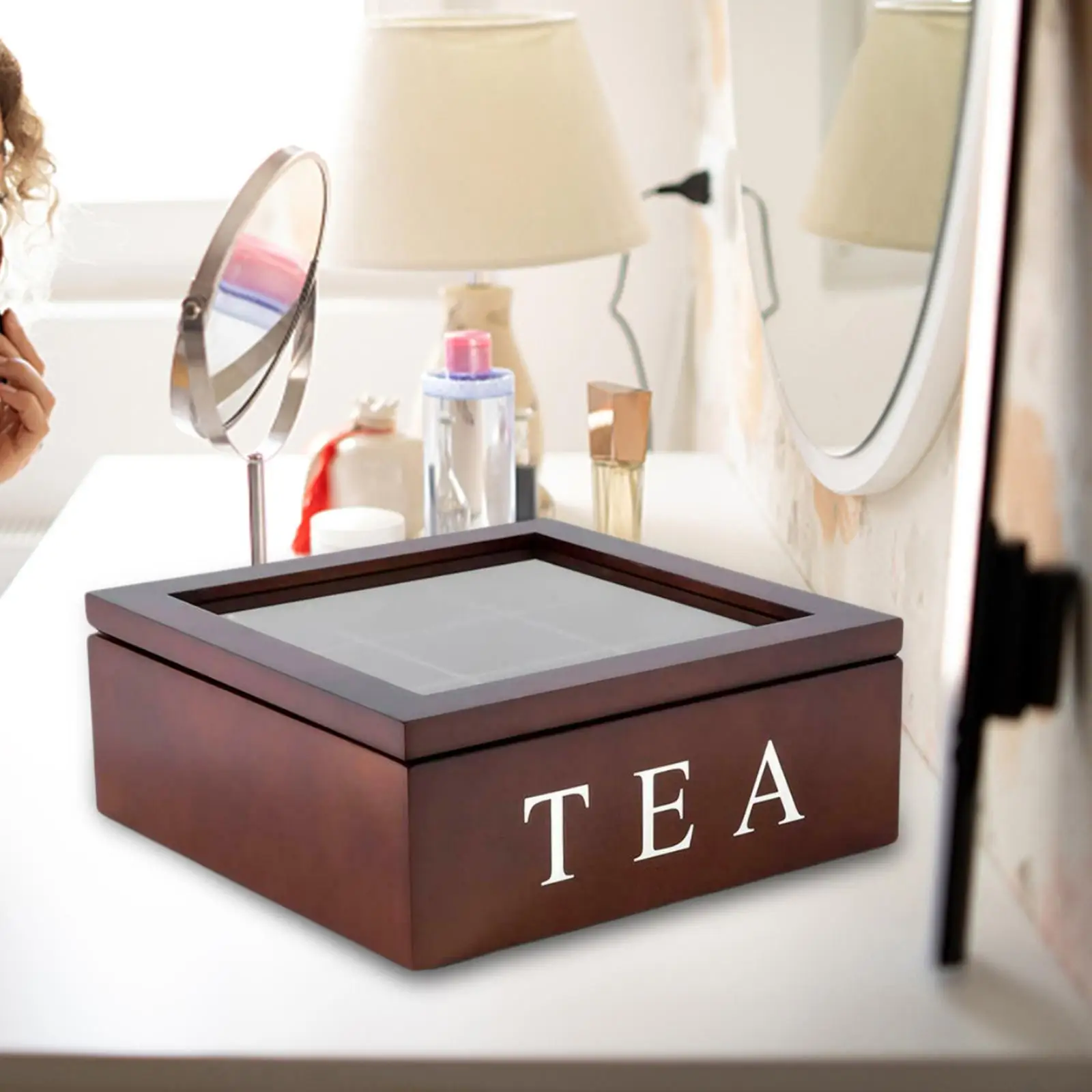 Wooden Tea Box with Viewing Window with Lid Home Tea Bag Box for Assorted Teas and Condiments Instant Coffee Packets Creamers