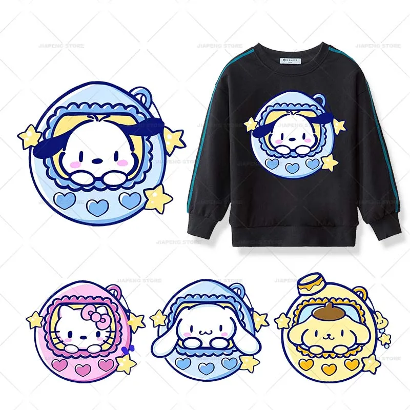 

Cute Sanrio Pochacco Printed Heat Transfers Vinyl Sticker For Baby Clothes Cartoon Cinnamoroll Iron on Patches On T-shirt Decor