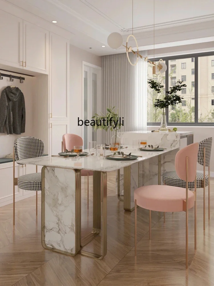 X188French Cream Style Stone Plate Dining Tables and Chairs Set Light Luxury Pandora Luxury Stone Designer Home Rectangular