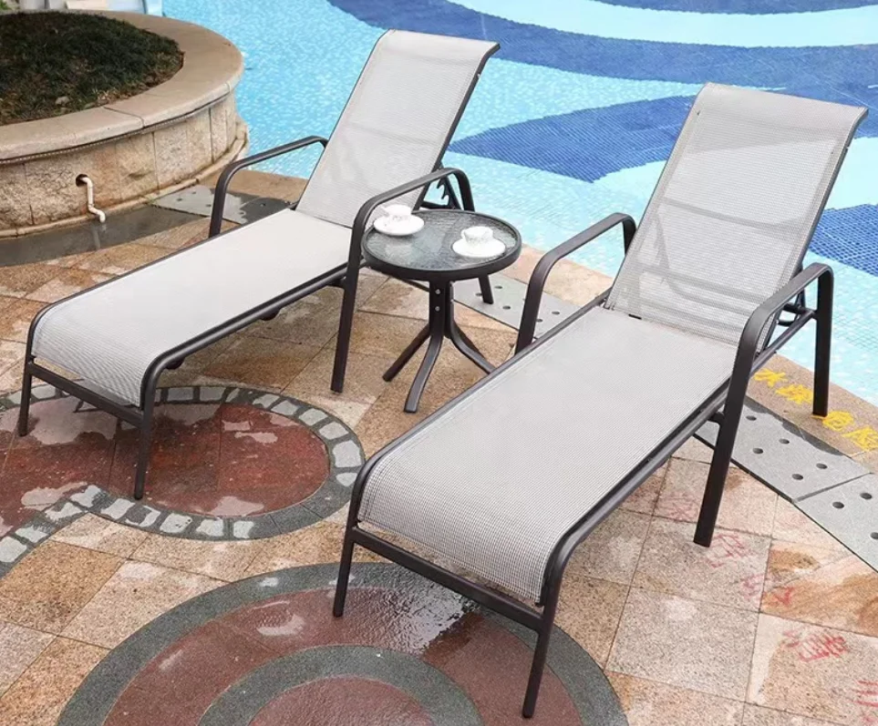 Modern Design Outdoor Aluminum Sling Reclining Patio or Beach Chair Sun Bed with Chaise Style