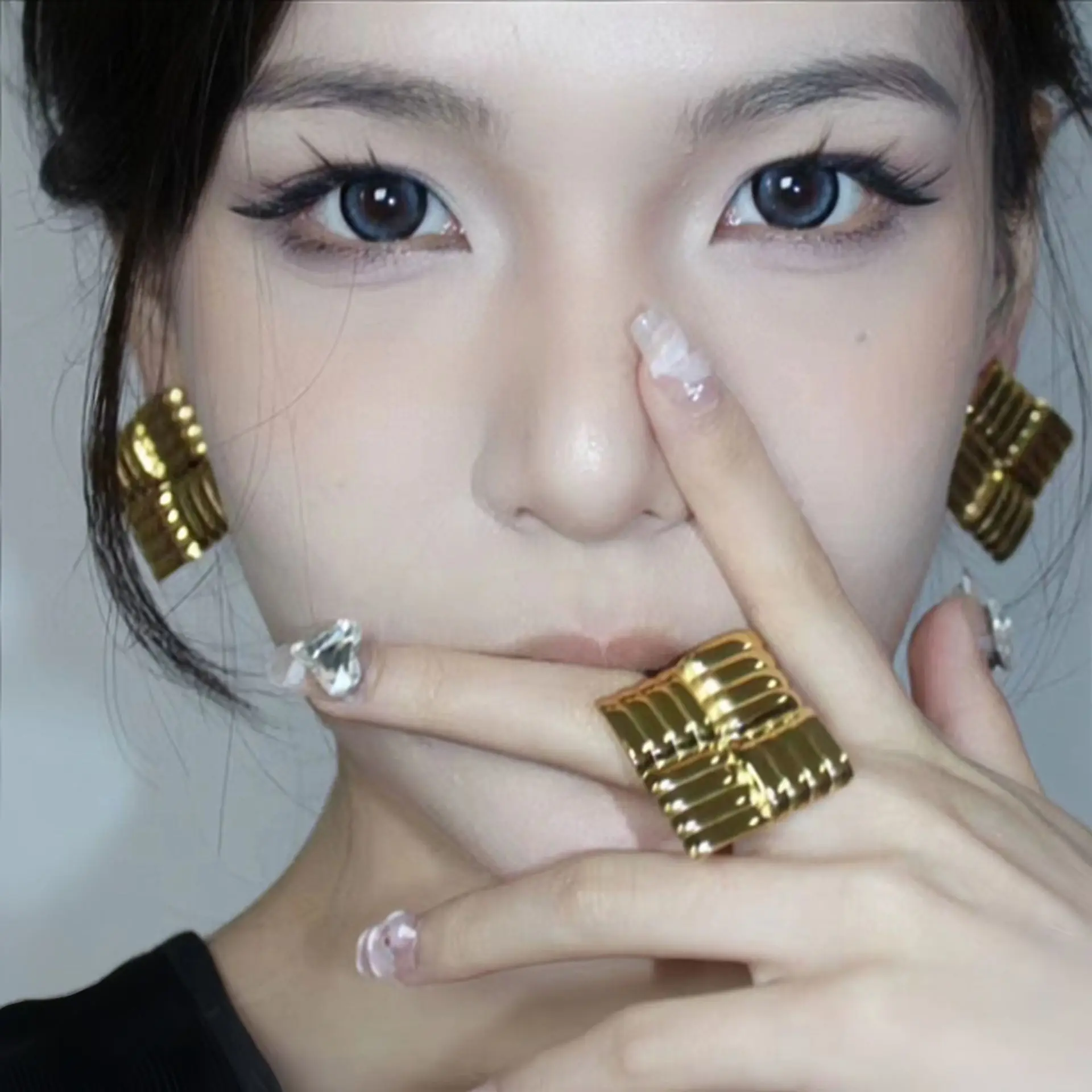 أقراط مربعة من الفولاذ المقاوم للصدأ للنساء، مجموعة خواتم بسيطة ذات ملمس راقي، مجموعة مجوهرات أنيقة