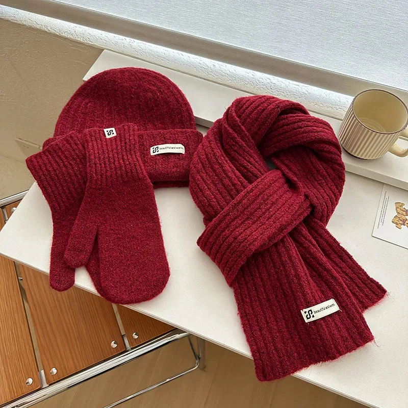 Set Tiga Potong Syal Rajut Sarung Tangan Topi Untuk Wanita&Pria Musim Dingin Tebal Hangat Topi Beanie Topi Anti Dingin Luar Ruangan Set Syal Sarung Tangan