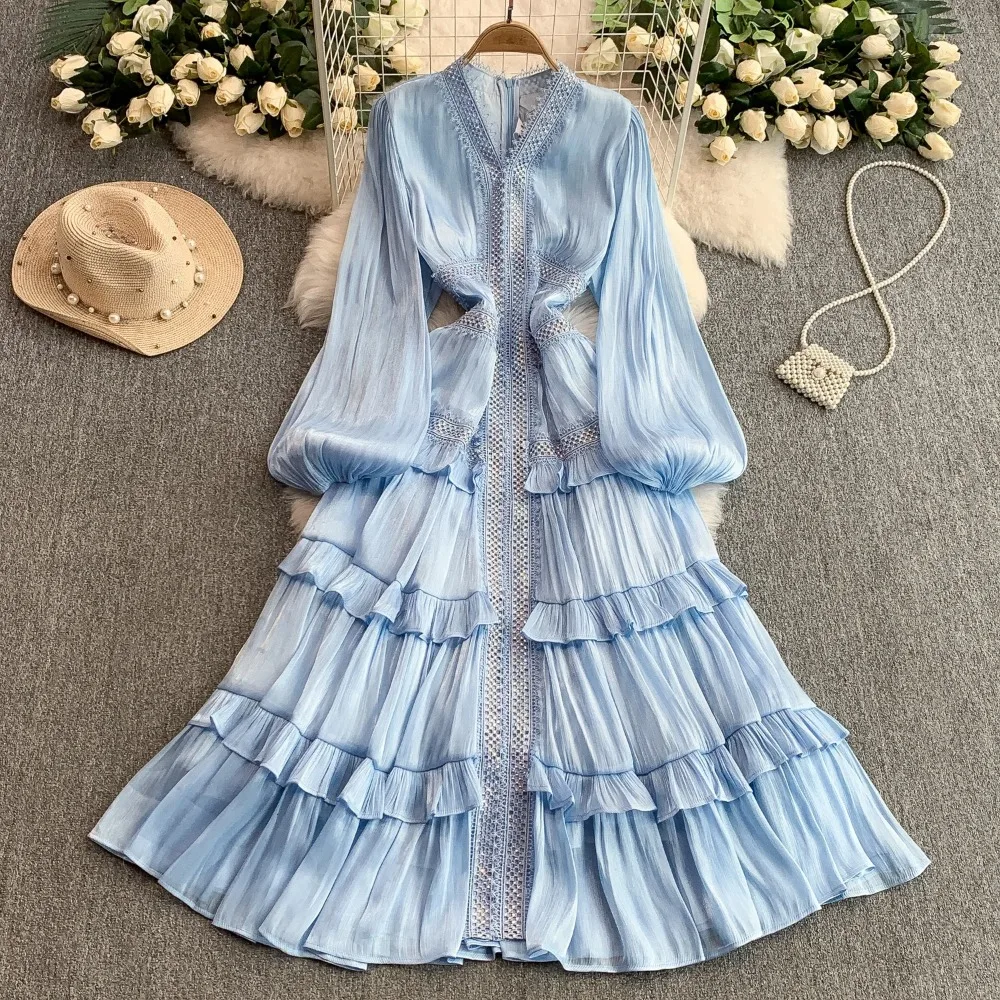 Vintage sexy manga longa vestido emendado chique verão praia fairycore vestidos férias roupas femininas
