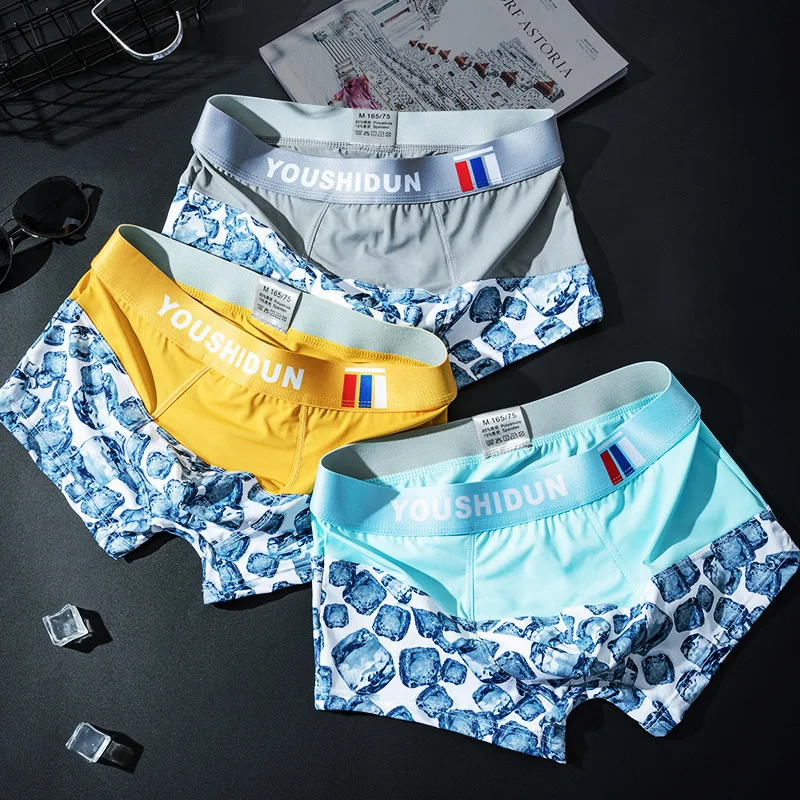 

Men's Boxy Underwear Printed Ice Silk Elastic Quick Dry Cool Feel Sports Trunks Youth Sexy Low Waist U Convex Pouch Boxer Shorts