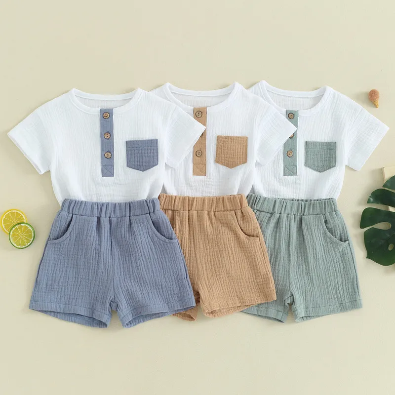 

Newborn Baby Boy Shorts Set Summer Clothes Short Sleeve Round Neck Pocket Button T-Shirt with Shorts 2Pcs Outfit Baby Clothing