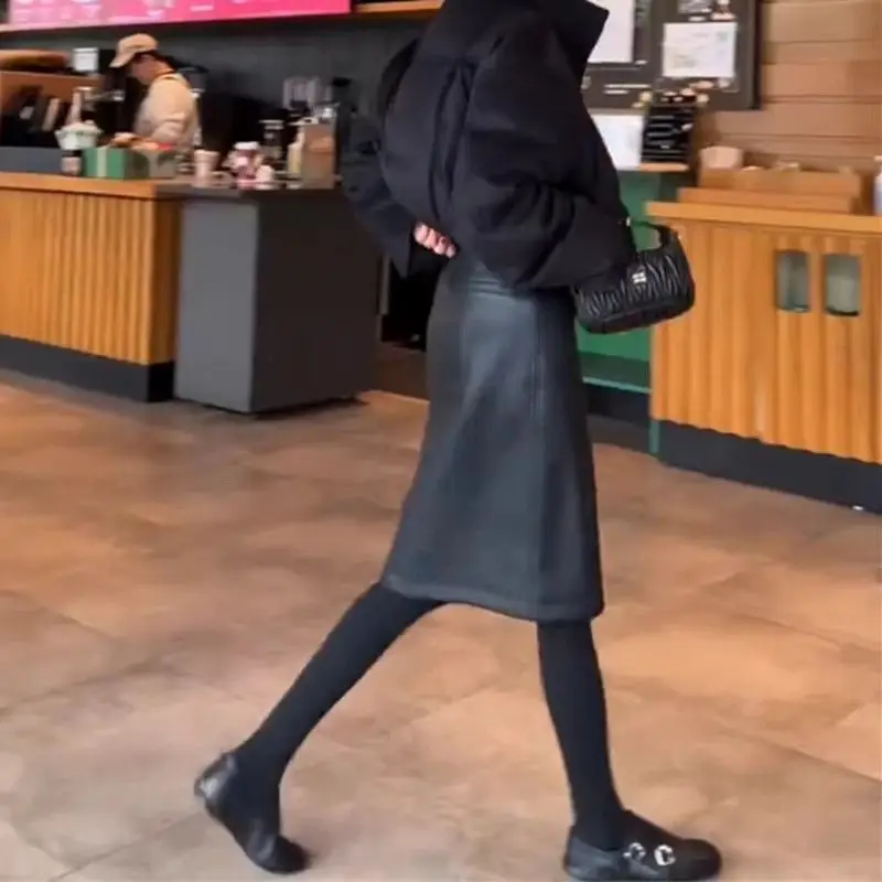 New Fashion Black Pu Leather Skirt Women Autumn Winter High Waist Slim Wrapped Hip Split Midi Skirts Office Lady Elegant Jupe