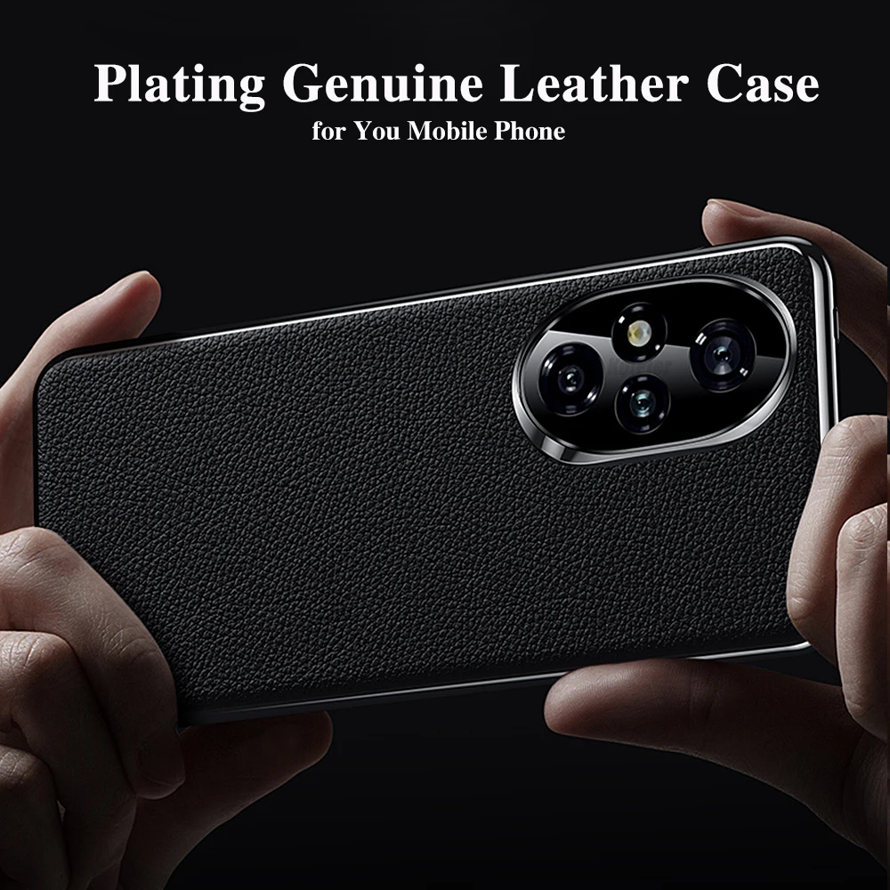 Original Leather Case For HONOR 200 PRO Plating Genuine cowhide Lichee Pattern Lens Protection Shockproof Hard Phone Cover