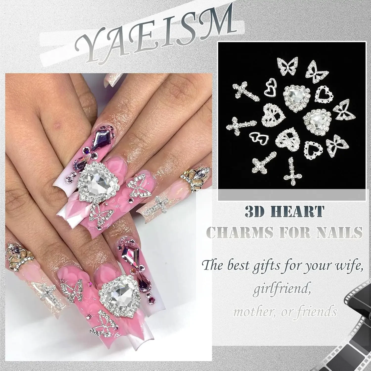 60 uds. De dijes de plata para uñas, dijes de corazón de cristal para uñas, dijes de aleación 3D cruzados para uñas, dijes de mariposa de Metal, gemas para uñas, diamantes de imitación