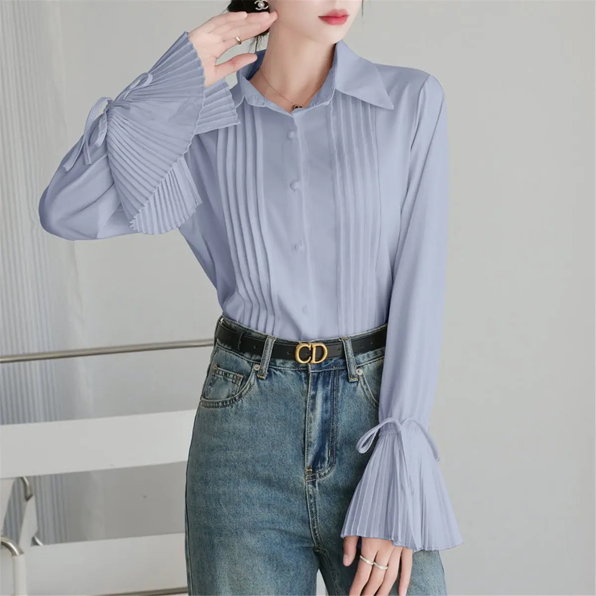 Korean Shirts Lapel Bell Sleeves Ruffled Sleeves Women Sweet Cute Underlay 2024 Spring Simple Commuting  Fashion Basic Top New