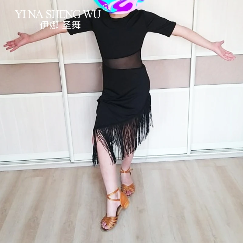 1pc Kinder Mädchen Latin Dance Kleid Schwarz Fringe Latin Dance Kleidung Salsa Kostüm Schwarz Rot Ballsaal Tango Tanz Kleider
