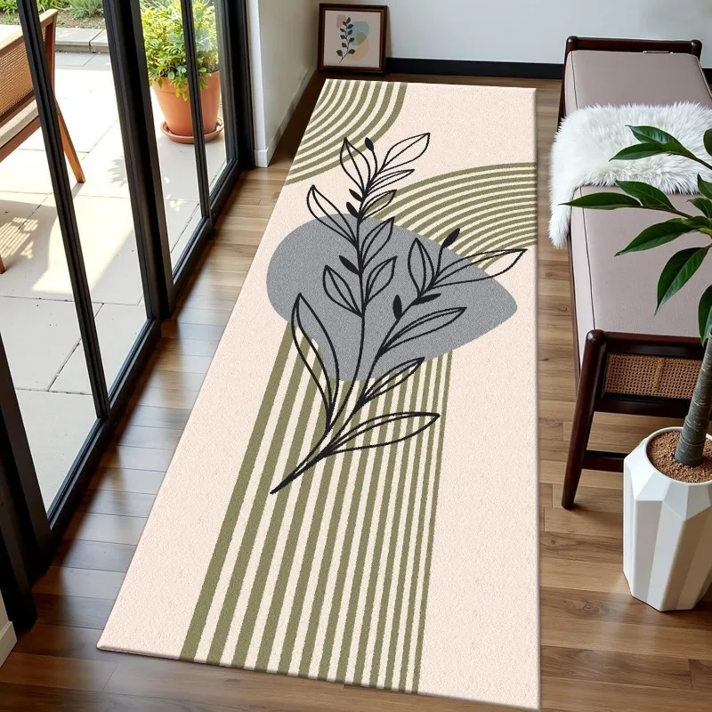 Minimalistische Pflanzenthemen, Läuferteppich, Geometrie-Linie, Blattdruck, rutschfeste weiche Matte, moderner abstrakter Heimdekor-Teppich für den Flur