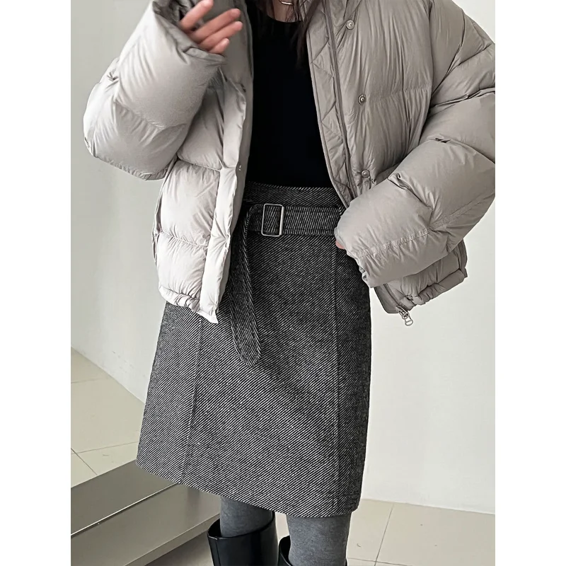 Damska spódnica retro z wysokim stanem, prosta, wełniana, z paskiem, w stylu francuskim, w jodełkę, podstawowa, luźna, elegancka, na jesień i zimę.