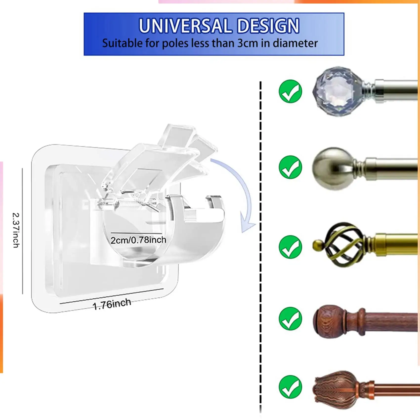 

A92Z 78PCS Curtain Rods No Drill Curtain Rod Brackets Hooks Nail Free Adjustable Stick On Curtain Rod Transparent Hook