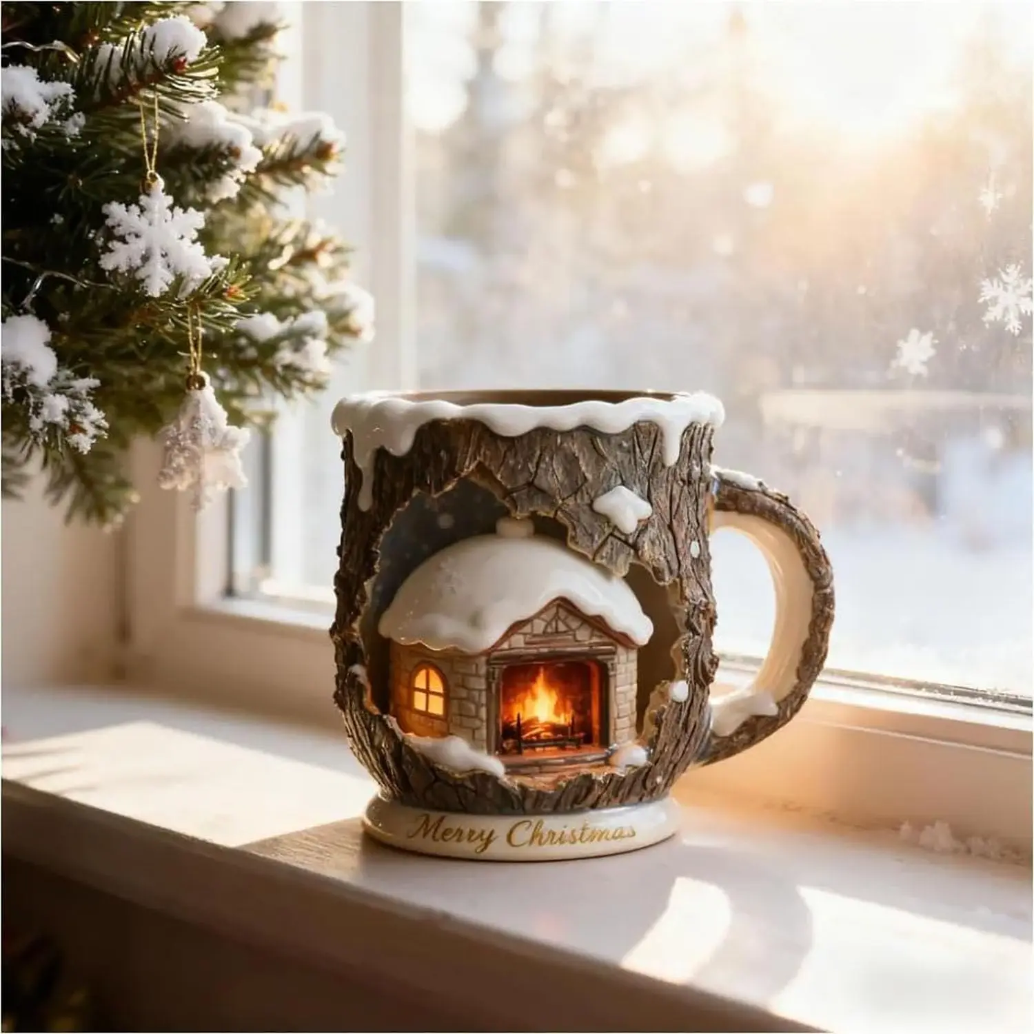 3D Winter Fireplace House Ceramic Mug Creative Hollow Tree Trunk Coffee Cup Cute Snowy Vase Style Drinking Cup Home Decor