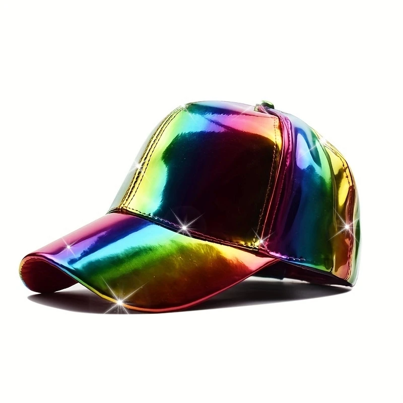 Vibrant Faux Leather Baseball Cap - Lightweight, Adjustable, Hand Washable, Colorful Gradient Design with Metallic Finish, Casua