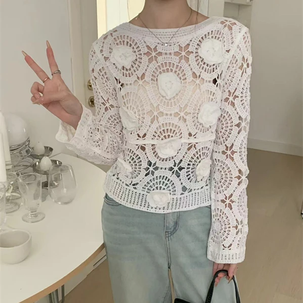 2024 Autumn New Three Dimensional Flower Hollow Out Knitted Shirt Sweet Long Sleeved Pullovers Blouse Retro Crochet Women Tops