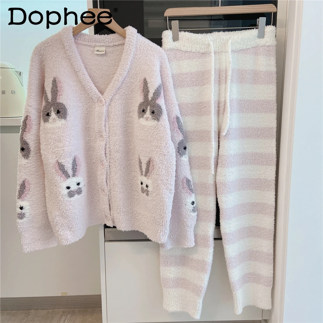 

Женская пижама Ins в японском стиле с героями мультфильмов, зима, милый милый кролик, теплый мягкий кардиган с капюшоном, комплект домашней одежды