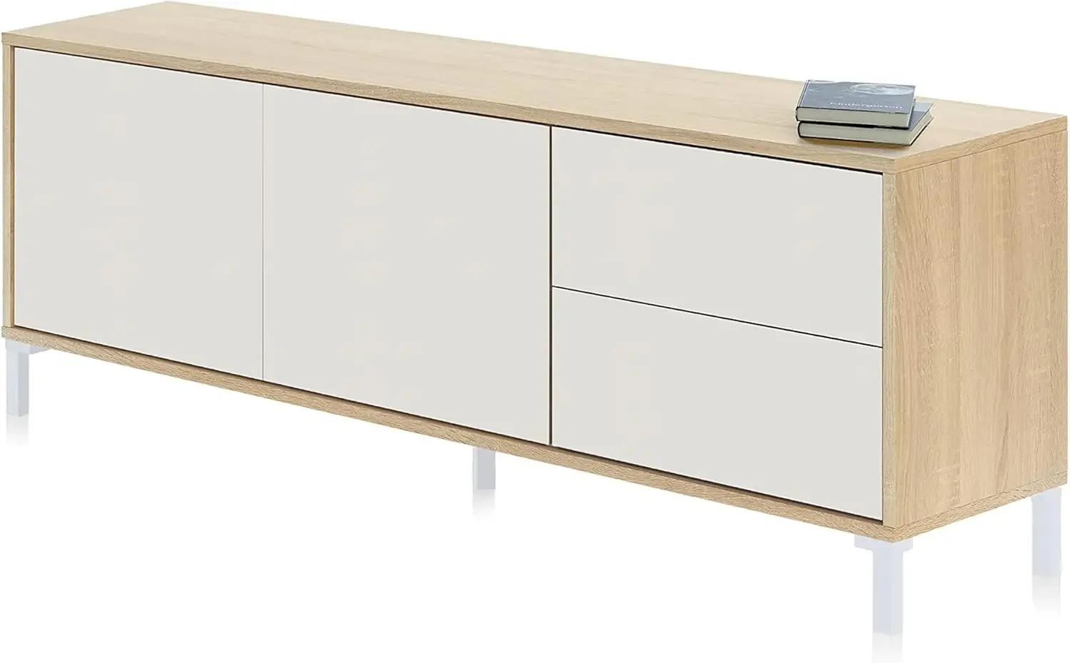 Modulo de TV 2 Puertas y 2 Cajones, Mueble TV, Acabado en Roble Canadian y Blanco Artik, Medidas: 130 cm  x 47 cm x 41 cm