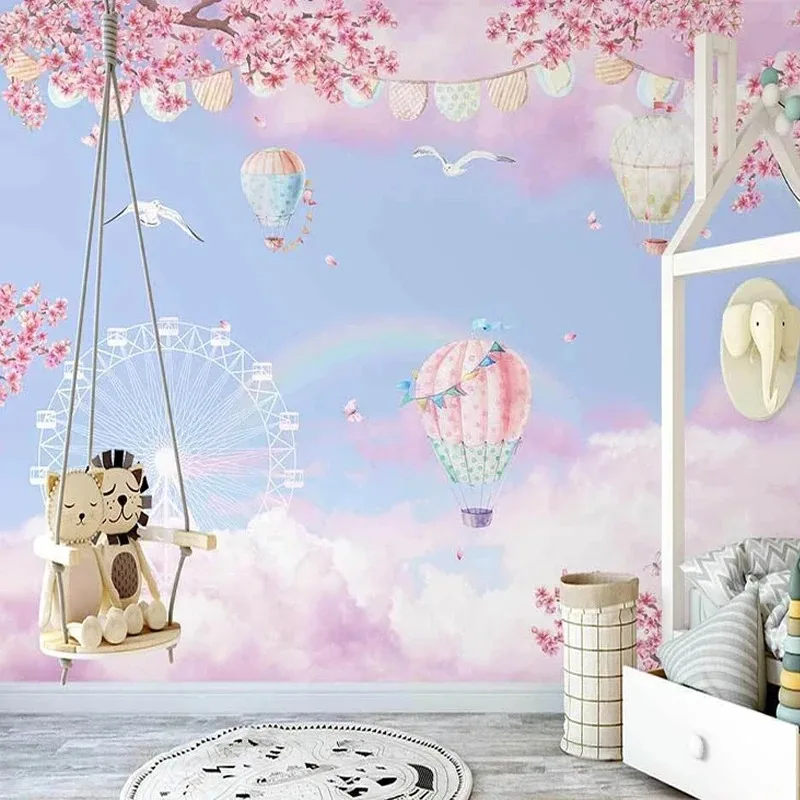 Custom Photo Wallpaper 3D Hand-painted Dream Cloud Paradise Hot Air Balloon Children's Room Mural Creative Papel De Parede 3D