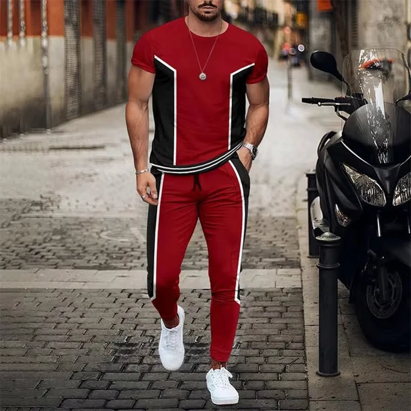 Newest Summer Men 3D Printed short T-shirt Trousers Set Men T-shirt Trousers Set Man Short Sleeve Long Pants Set Retro Casual