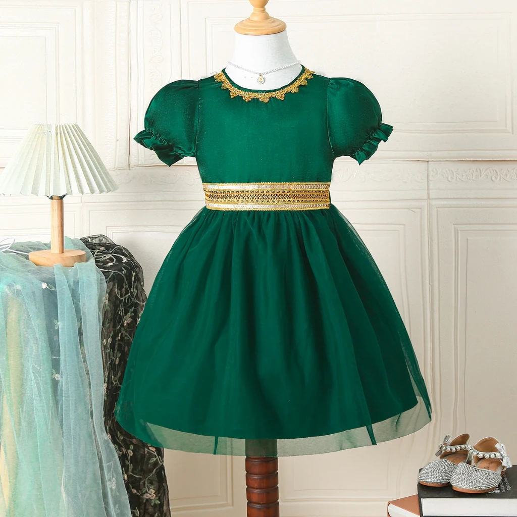 

Summer Girls' Green Princess Dress Gold Strap Short Sleeved Dresses 4-7 Year Old High-end Dress Birthday Party Costumes
