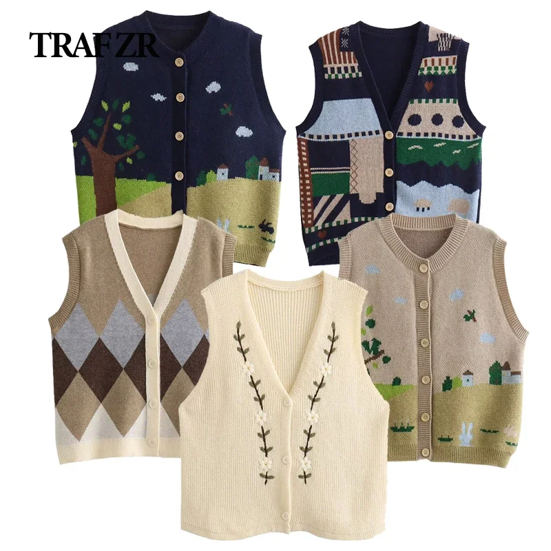 TRAF ZR Vests for Women 2023 Vintage Y2k Crochet Winter Sleeveless Sweater Vest Women Knitted Sweater Women Knitwears Waistcoat