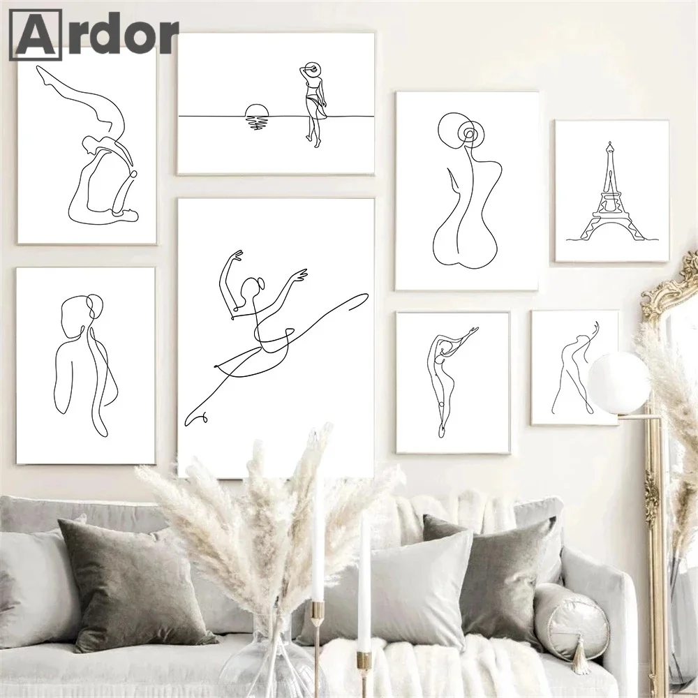 

Abstract Ballet Girls Line Drawing Wall Art Poster Eiffel Tower Print Women Figure Canvas Painting Minimalist Picture Home Decor