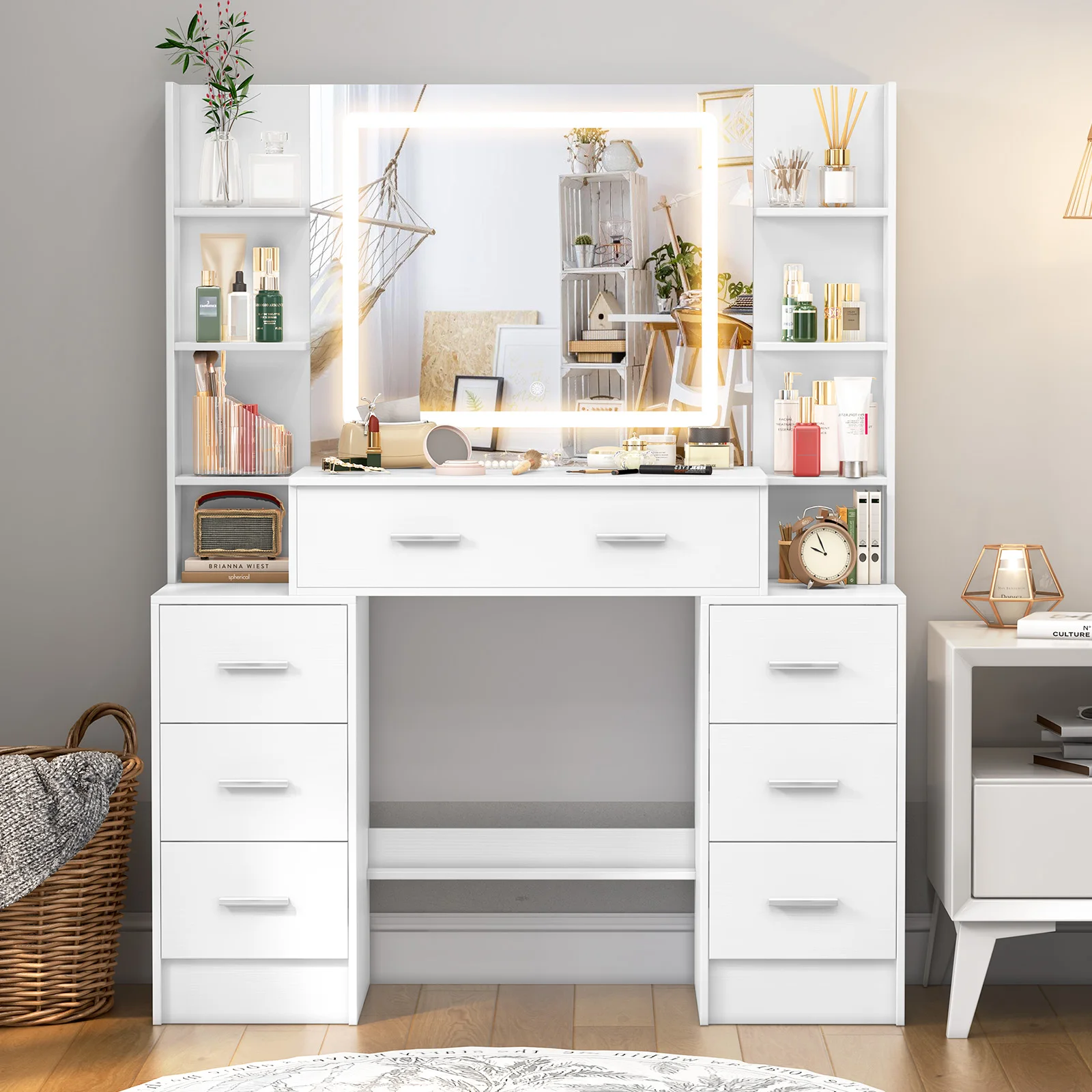 White Makeup Vanity Desk with LED Light And Mirror 7 Drawers Dressing Table for Bedroom