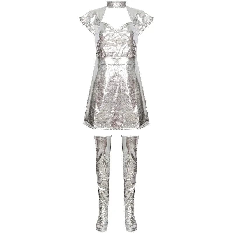 Halloween Cosplay Costume Astronaut Short Sleeved Dress with Ankle Sleeves Suit Theme Party Role Playing Outfits for Adult Women - view 4