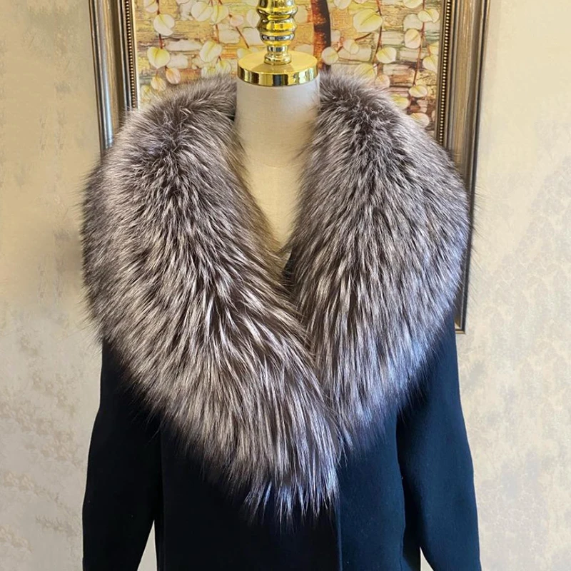 

Natural Sliver Fox Fur Collar For Coat Winter Thick Warm Real Raccoon Fur Scarf Luxury Fur Shawl Women Men Jacket Fur Decoration