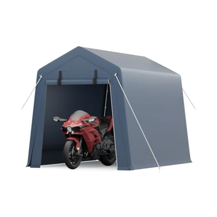 Motorcycle storage shed for outdoor use, 220g waterproof PE tarp with UV protection, gray, heavy-duty portable design with roll