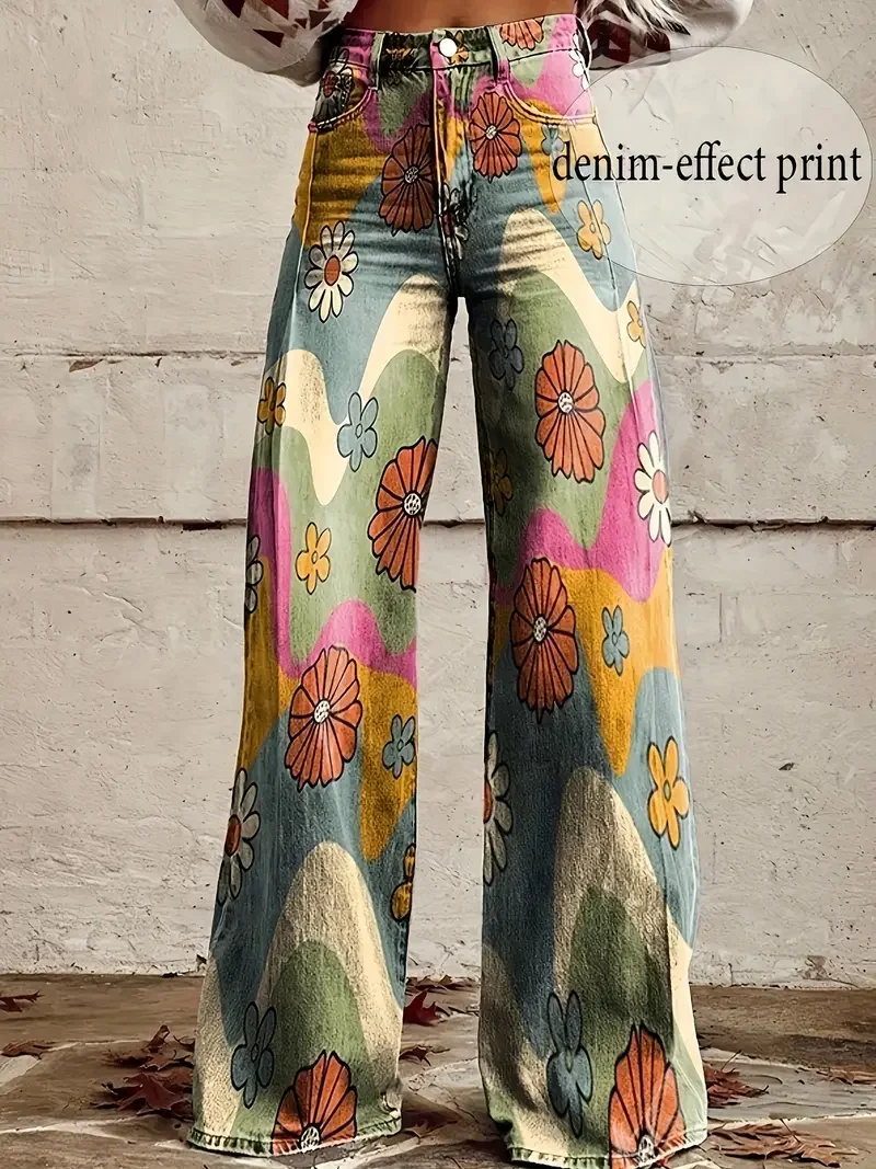 Women's fashion casual wide leg jeans, washed elastic denim versatile wide leg pants, loose and versatile