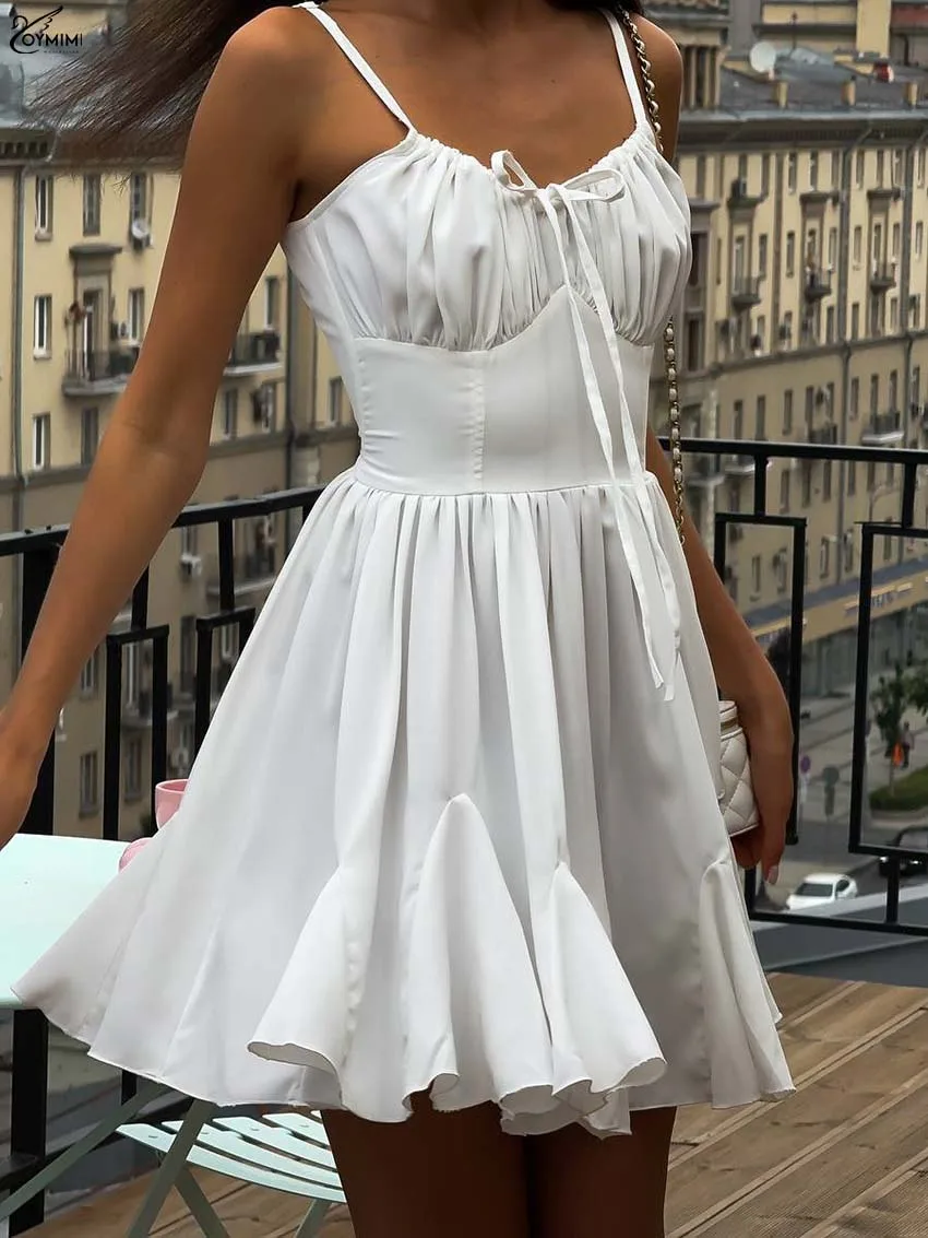 

Oymimi Elegant White Lace-Up Womens Dresses Fashion Spaghetti Strap Zipper Slim Dresses Autumn New High Waist Pleated Mini Dress