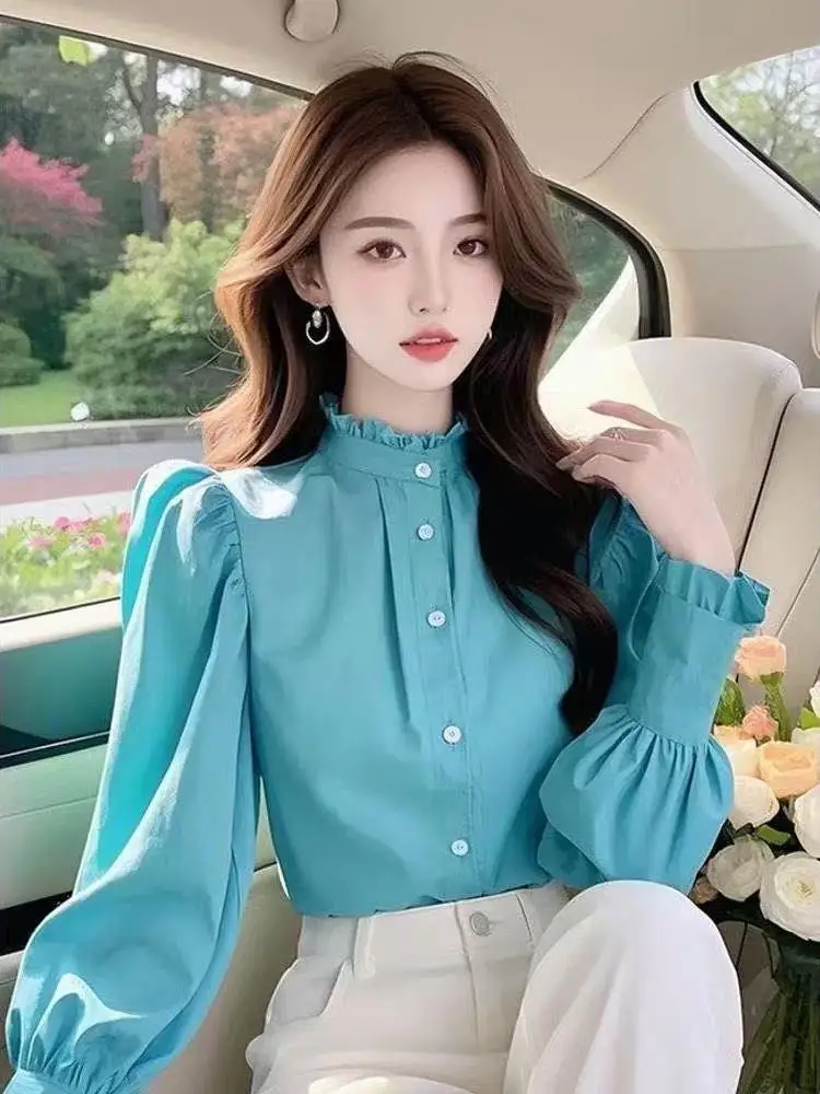 

Ele Blue Stand Collar irt Women's Faionable Agel Top Quali Spring 2025 Sli Chinese Sle Clothing