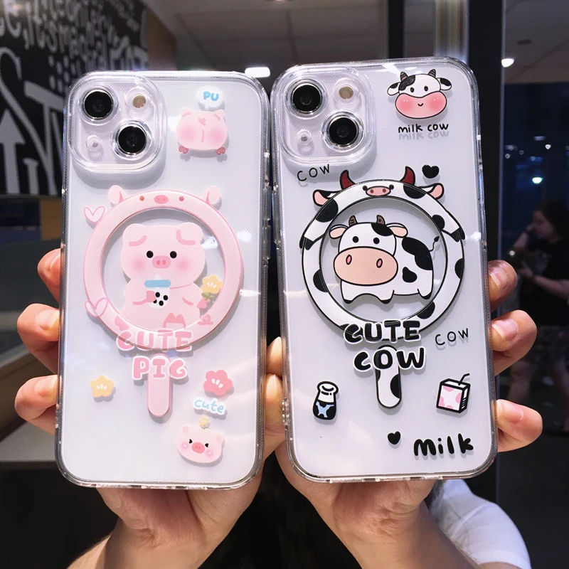 Cute Cartoon Animal Pig Cow Magsafe Clear Phone Case For iPhone 11 12 13 14 15 Pro Max 14 Plus Magnetic Wireless Charging Cover