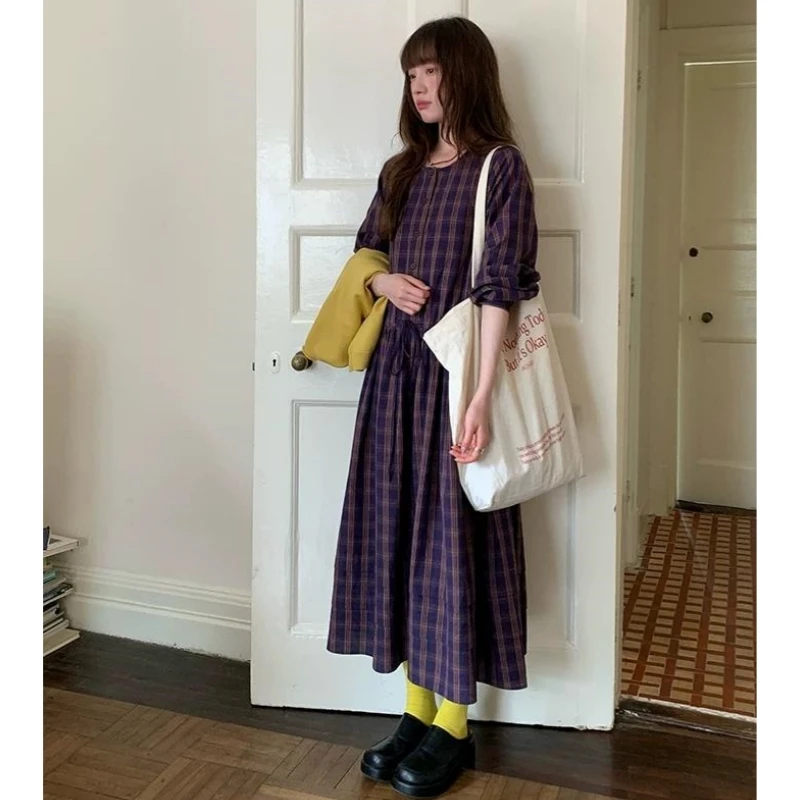 Women Plaid Midi Dress Round Neck Bubble Long Sleeve Drawstring Waist Loose A‑Line Casual Fall Dress